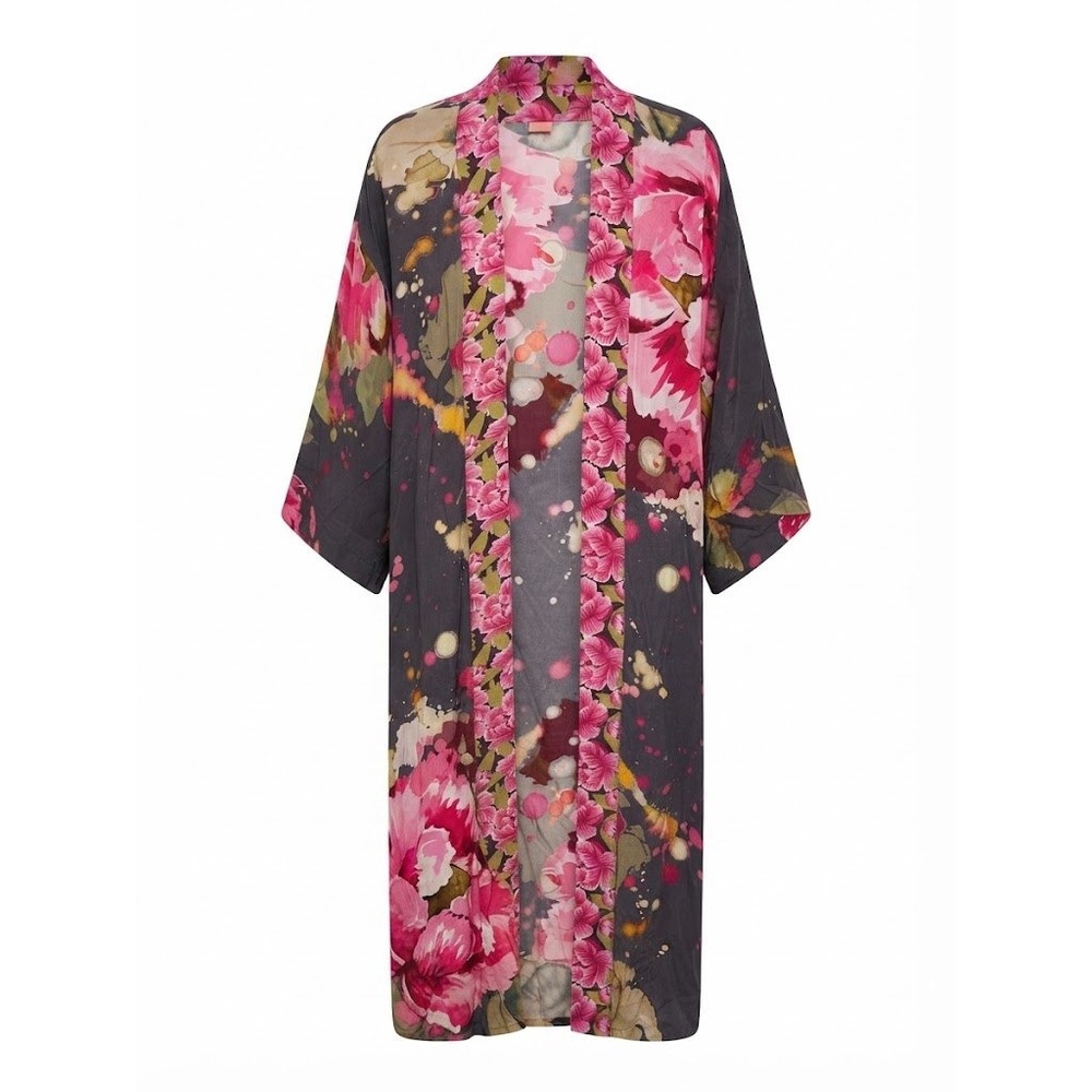 Powder Kimono Robe Gray Floral Viscose Crepe Open Front Belt OS Duster  - IW